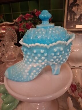 Fenton Blue and White Hobnail Glass Shoe Candy Dish